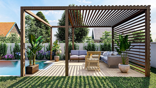 Foto piscina de quintal e pérgola com design e renderização de área de fogueira