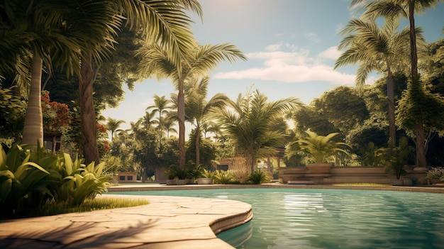 Piscina de resort tropical cercada por palmeiras durante o pôr-do-sol criando um cenário de férias sereno