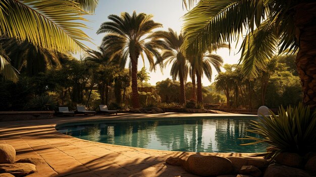 Foto piscina de resort tropical cercada por palmeiras durante o pôr-do-sol criando um cenário de férias sereno