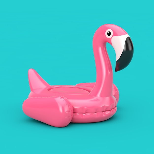 Piscina de verão brinquedo inflantável de borracha rosa Flamingo sobre um fundo azul. Renderização 3D