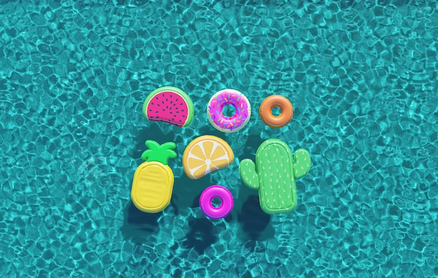 Piscina de verão cheia de diversão flutua vista aérea d renderização