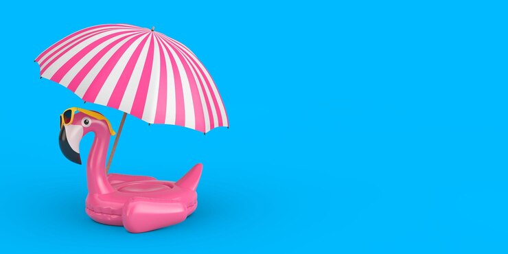 Foto piscina de verão inflável de borracha flamingo rosa brinquedo com óculos de sol e guarda-chuva de praia em um fundo azul rendering 3d