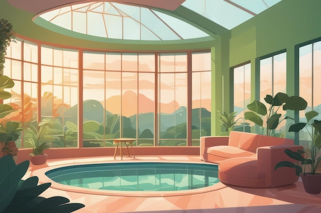 Una piscina dentro de la habitación al amanecer en estilo arte plano.