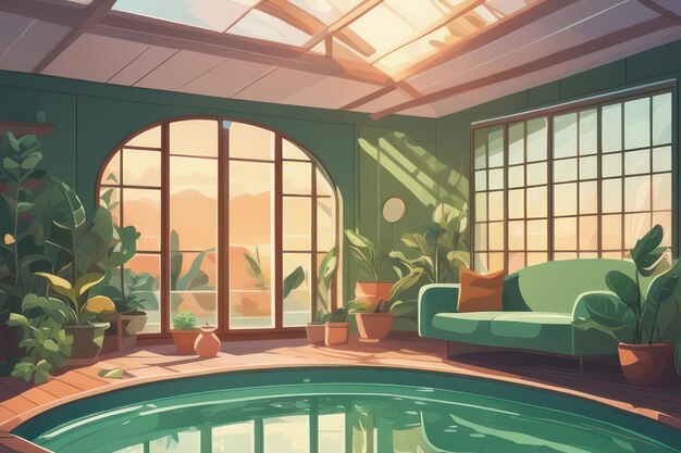 Una piscina dentro de la habitación al amanecer en estilo arte plano.