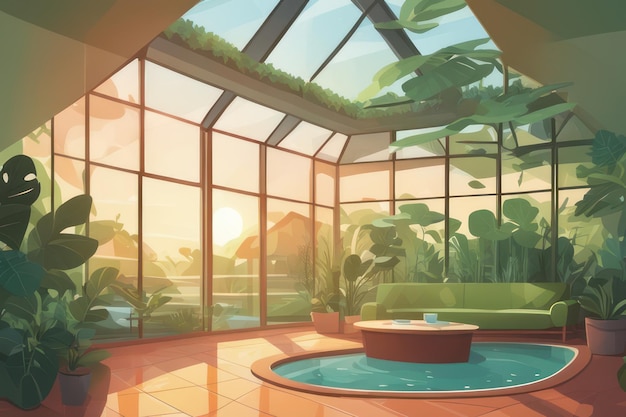 Una piscina dentro de la habitación al amanecer en estilo arte plano.