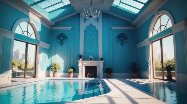 Una piscina dentro de una habitación moderna con tono azul.