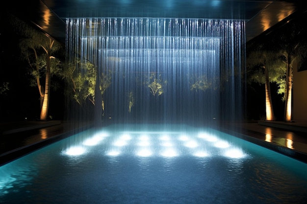 Una piscina con una ducha de lluvia incorporada para lavarse antes y después de nadar