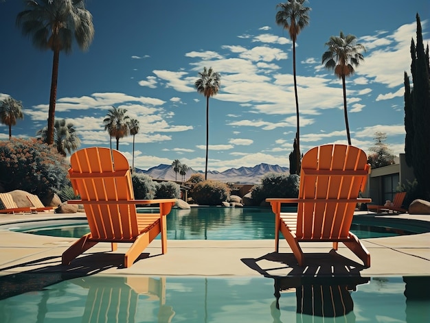 Foto piscina e cadeiras com guarda-chuvas e palmeiras