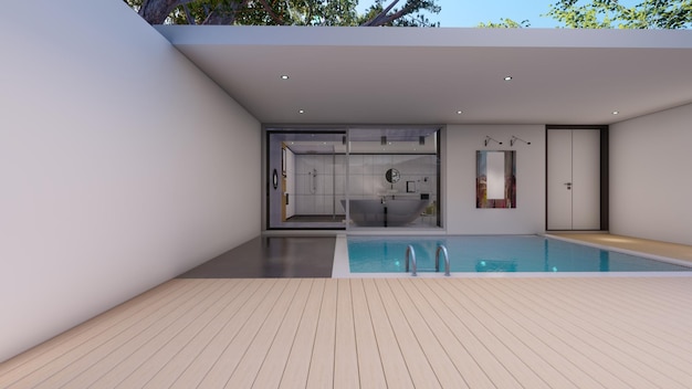 Piscina e deck de madeira ao lado da ilustração 3d do projeto do banheiro mestre
