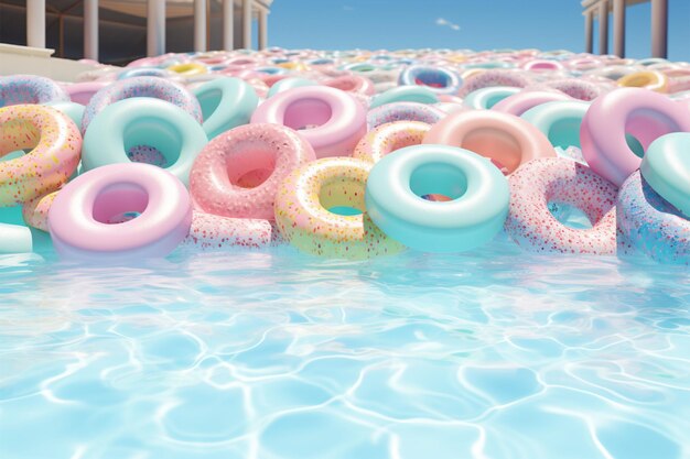 La piscina está adornada con flotadores de colores pastel.