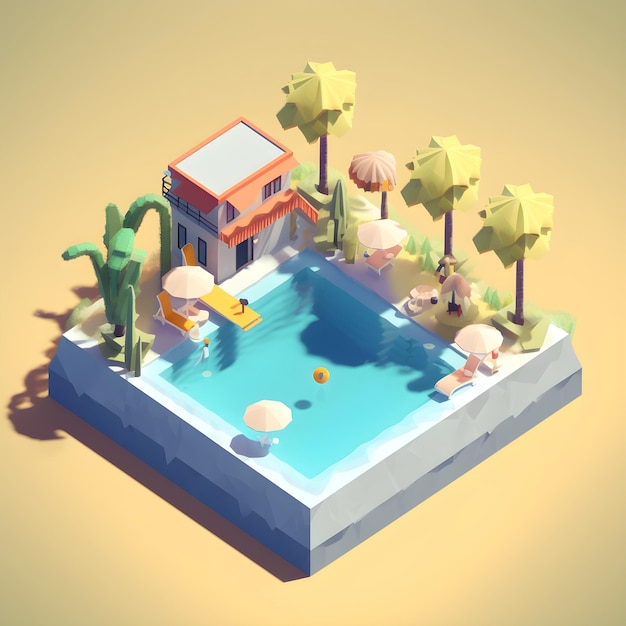 Una piscina de estilo low poly con una casa y árboles.