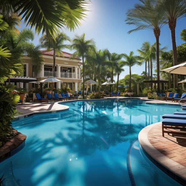 Foto una piscina de estilo resort de gama alta con elegantes cabañas y agua azul brillante