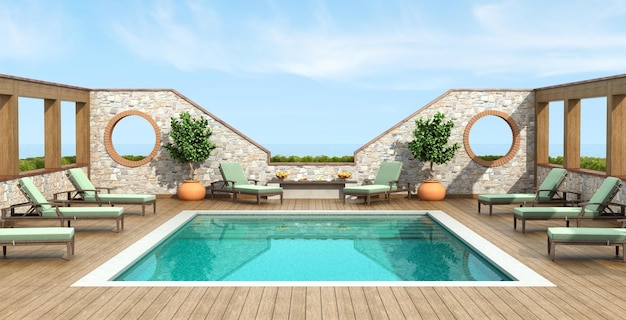 Piscina exterior de verano con tumbonas y muro de piedra