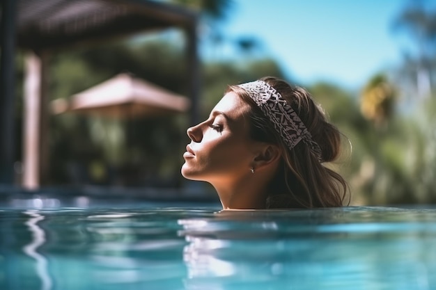 Piscina flutuante e mulher na água relaxam nas férias de verão e nas férias de fim de semana IA generativa