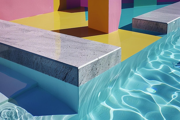 Una piscina con formas geométricas y colores vibrantes