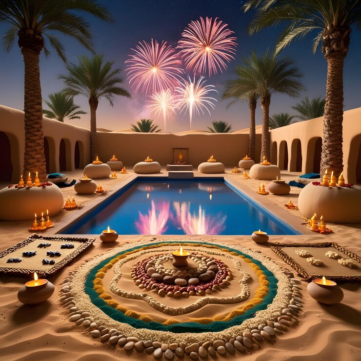 una piscina con fuegos artificiales y un reloj en ella