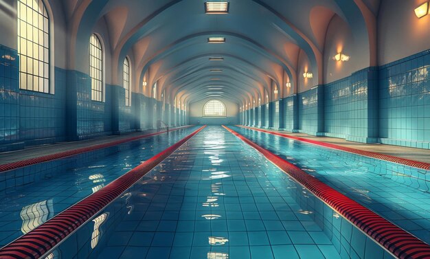 Piscina en gimnasio con arcos y ventanas