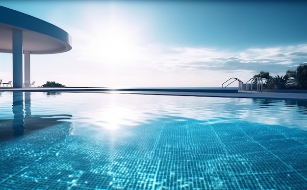 Piscina grande azul água de relaxamento casa de palmeira luxo de verão IA generativa