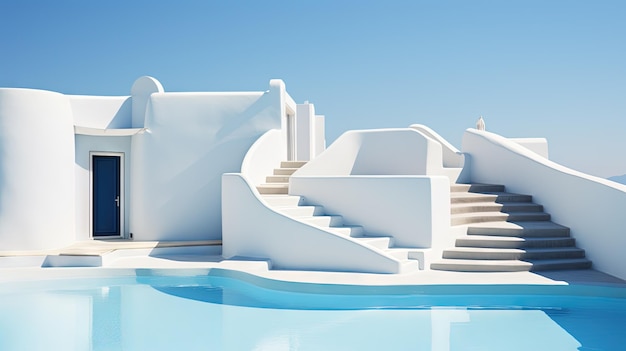 Piscina de hotel en un día soleado con agua azul y edificios blancos Arquitectura de complejo con piscina