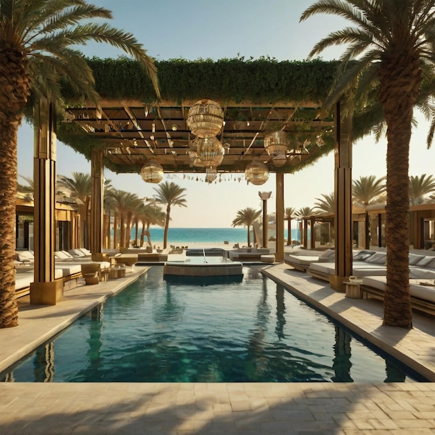 Foto una piscina de hotel con palmeras