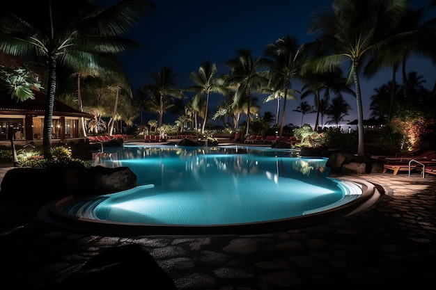 Piscina en Hotel Resort con vista a la naturaleza rodeada de palmeras en noche tranquila