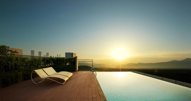 Piscina infinita moderna en la azotea y tumbona con hermosas vistas al mar durante la puesta de sol 3D Rendering