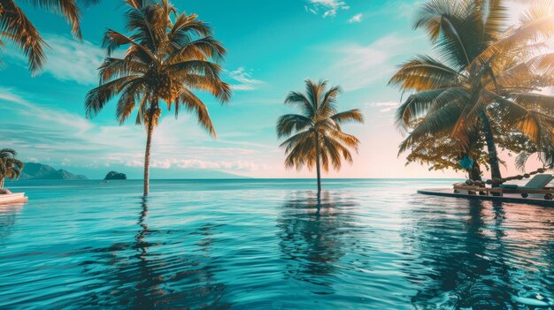 Piscina infinita tropical con palmeras con vistas al océano
