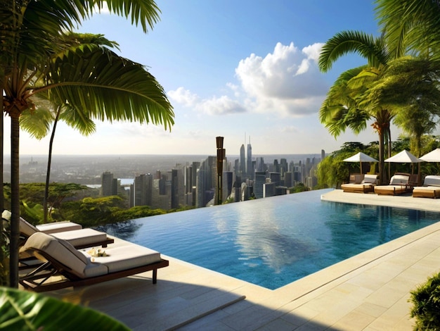 Foto una piscina infinita con vistas a la ciudad y las palmeras