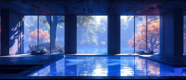 Piscina interior de luxo com água azul Arquitetura e design moderno Sereno Spa e Resort Conceito Interior iluminado