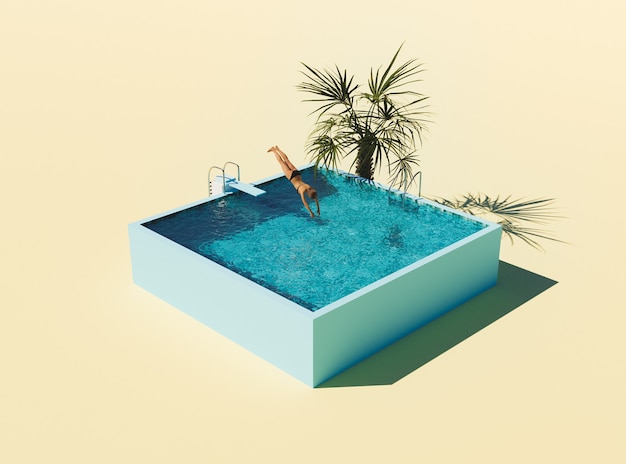 Foto piscina isométrica con trampolín y mujer saltando.