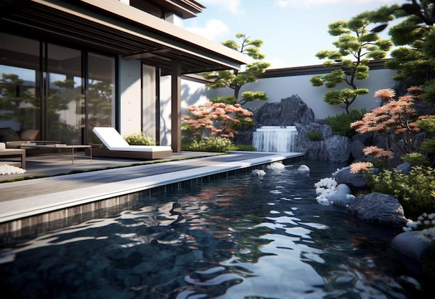 la piscina japonesa de moda y moderna renderización en 3D
