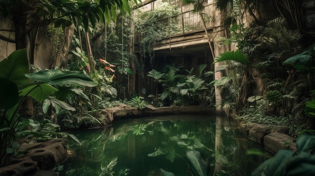 Una piscina en la jungla con un fondo selvático