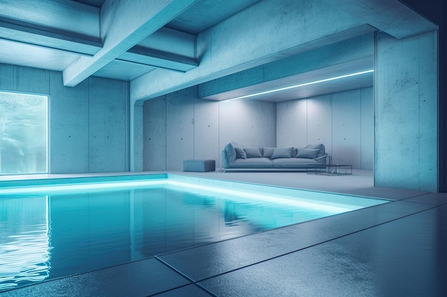 Piscina de lujo con un elegante sofá en el interior IA generativa