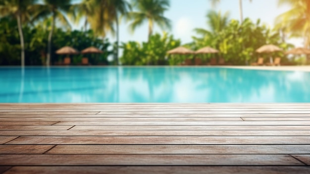 piscina de lujo moderna con palmeras y fondo del cielo