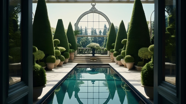 Piscina de lujo en el patio trasero de una casa en el bosque