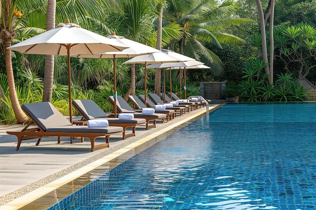 En la piscina de lujo en las vacaciones hay sillas de sol con sombrillas generativas ai