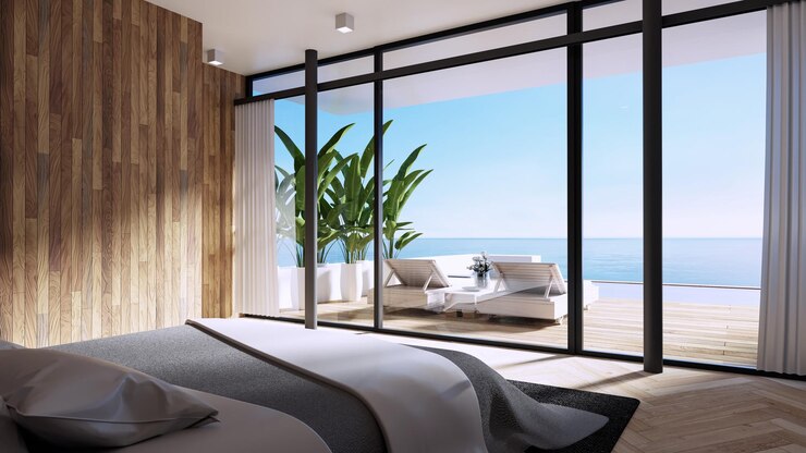 Piscina de lujo villa dormitorio vista al mar en la playa - 3D rendering