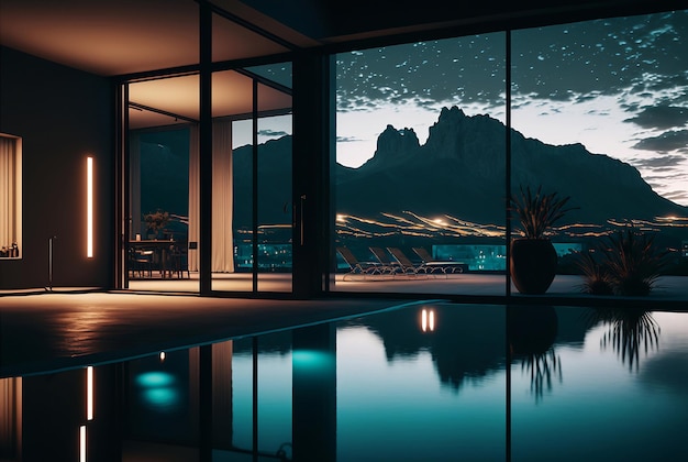 Piscina luxuosa em um hotel spa com grandes janelas e uma bela vista à noite
