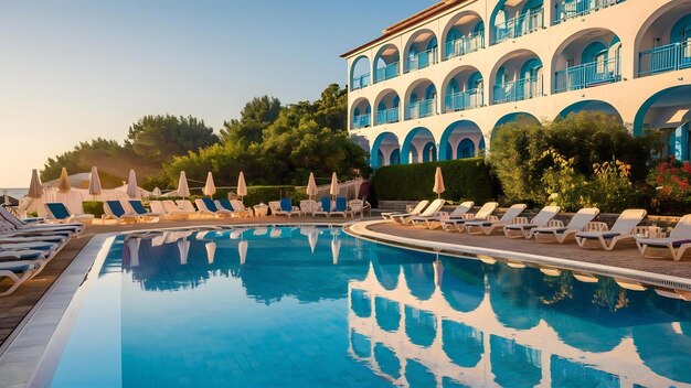 Foto piscina por la mañana en el hotel de vacaciones de verano mediterráneo en turquía reflejo de bodrum en el agua