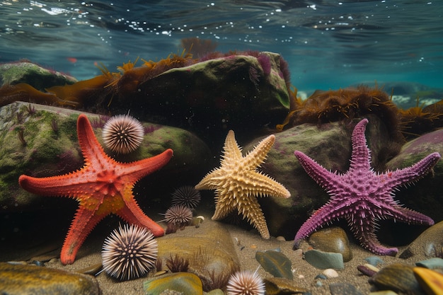 Foto la piscina de marea cobra vida con coloridas estrellas de mar y erizos de mar en una cautivadora exhibición