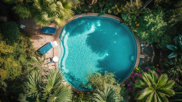 Una piscina en medio de un bosque tropical