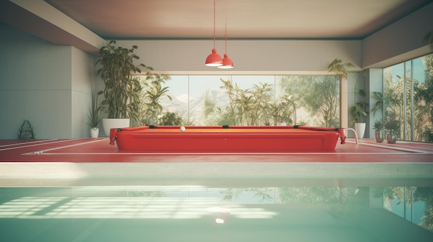 una piscina con una mesa de billar roja y una mesa de billa roja.