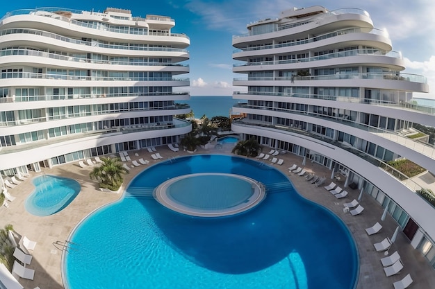 Una piscina moderna rodeada por dos edificios de hoteles de lujo en la playa