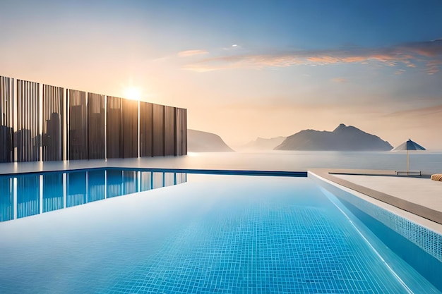 Una piscina con una montaña al fondo