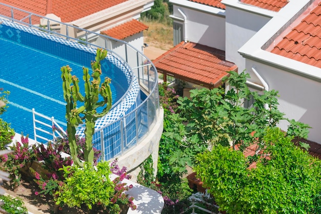 Piscina con mosaico azul en el techo entre las casas y plantas verdes