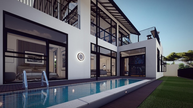 piscina na ilustração 3d moderna casa tropical