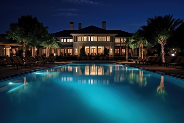 Piscina de noche en una villa de lujo.