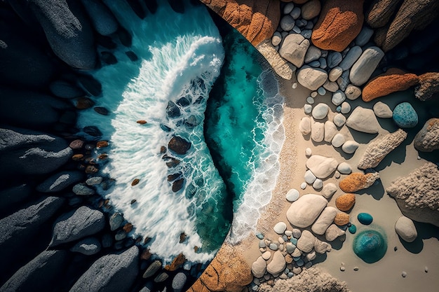 Una piscina de olas en la playa con rocas y guijarros