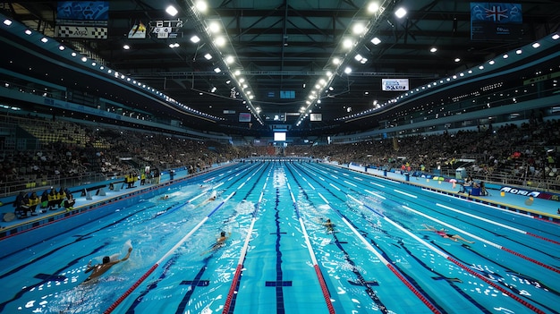 Una piscina olímpica con agua cristalina la piscina está rodeada de luces brillantes y hay personas nadando en ella