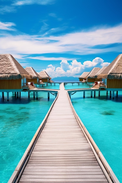 Piscina paisajística y bungalow sobre el agua en una playa de lujo Vacaciones exóticas